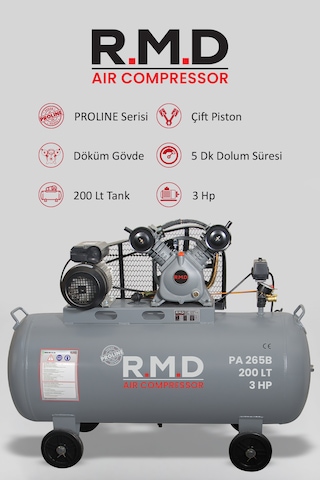 R.m.d Kompresör Hava Kompresörü Pistonlu 200 Lt 2 Kafa 8 Bar 3 Hp I Pa265b