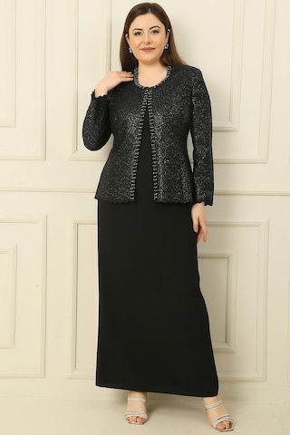 Yaka Taşlı Astarlı Uzun Krep Elbise Pullu Ceket Büyük Beden 2'li Takım-36241 Siyah