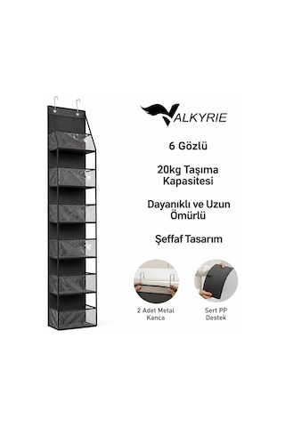Valkyrie Kapı Arkası Organizer 6 Gözlü Askılı Dolap Düzenleyici Çok Amaçlı Kapı Arkası Raf Siyah
