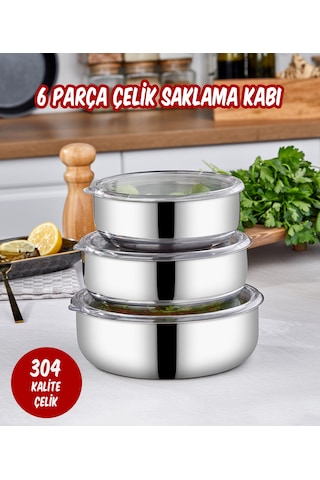 Steel&More 3 Lü Çelik Saklama Kabı 6 Parça Gri