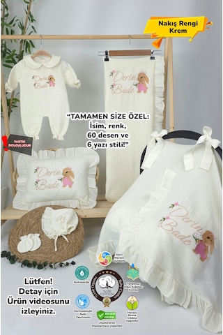 Gros Shop Müslin Yeni Doğan 4katlı Organik %100pamuk Kişiye Özgü Nakışlı Hastane Çıkış Seti Tavşan Model-3 Ekru-1
