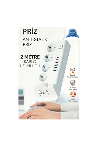 Akım Korumalı Priz Ve Masaüstü Şarj İstasyonu Kablosuz 4 Priz,4 Usb, 2 Type-c Girişli 2 Metre Standart