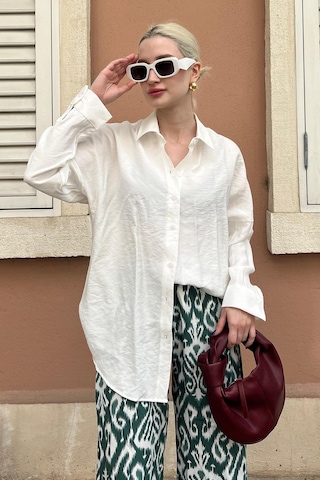 Madmext Beyaz Uzun Kollu Oversize Gömlek Mg2003-beyaz Beyaz