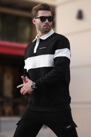 Madmext Siyah Polo Yaka Renk Bloklu Erkek Sweatshirt 7072 Siyah