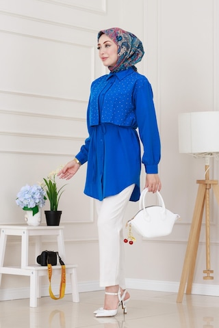 Sevitli Beli Bağcıklı Allerli Taşlı Tunik-mavi-5221 Mavi