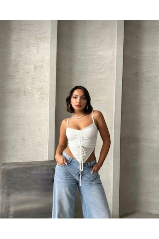 Önü Büzgülü Askılı Crop Beyaz