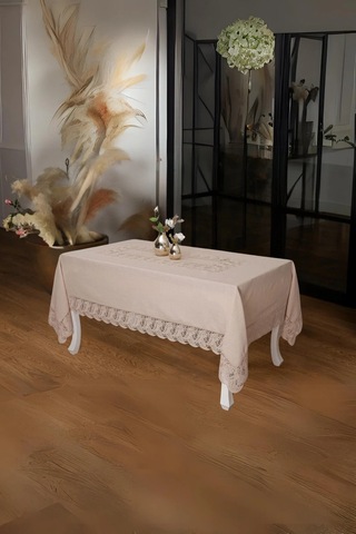 Narin Lüx Dantelli Keten Kumaş Bej Masa Örtüsü 160x230 Cm - 1125 Çok Renkli