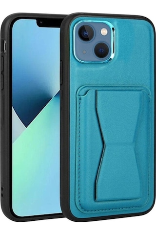 Apple Uyumlu iPhone 13 Kılıf Kartlıklı Standlı Pu Deri Zore Memo Kapak Mavi