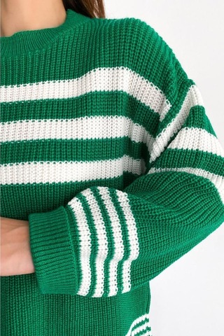 Femelle Kadın Yeşil Çizgili Standart Beden Örme Oversize Triko Kazak