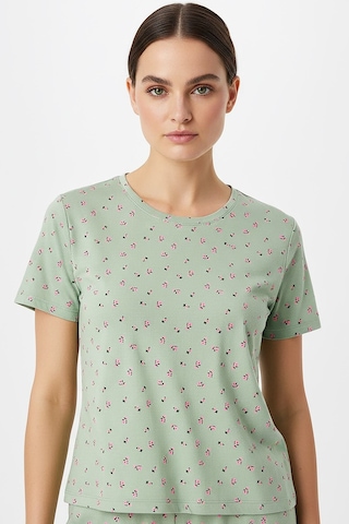Kompedan Kadın Bisiklet Yaka Yumuşak Dokulu Çiçek Desenli Kısa Kol Pijama Takım Mint 70132-142