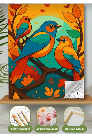 Denic Sayılarla Boyama Seti 40x50 Cm (Çıtalı) Fırça Boya Dahil Numaralı Tuval 3 kuş