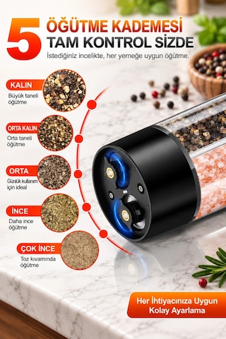 Auhma Ahb-15 Akıllı Led Ekranlı Şarjlı Otomatik Tuz Karabiber Öğütücü 3 Hız Ayarlı Seramik Bıçaklı Siyah