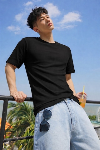 Tarz Cool Erkek Jakarlı Oversize Tişört Bisiklet Yaka Rahat Kalıp Yazlık Basic T-shirt Siyah