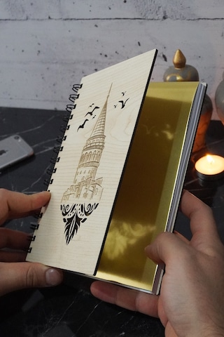 Galata Kulesi Desen Ahşap Defter-spiralli - Günlük - Çizgisiz Defter Ahşap Rengi Banu A5 Notebook