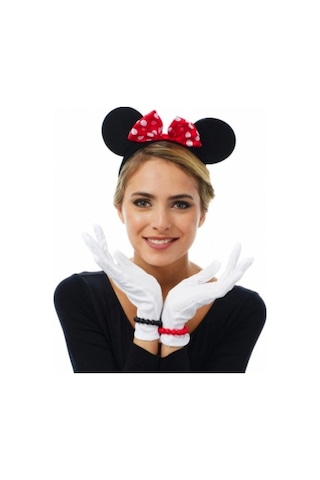 Kırmızı Fiyonklu Minnie Mouse Tacı Ve Beyaz Eldiven Seti Yetişkin