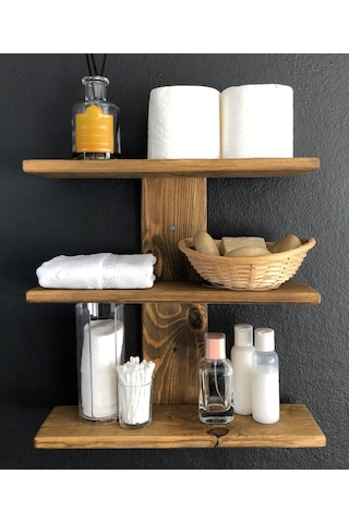 O&Awood Doğal Ahşap Dekoratif Minimal Duvar Rafı,3 Katlı Vintage, Retro A