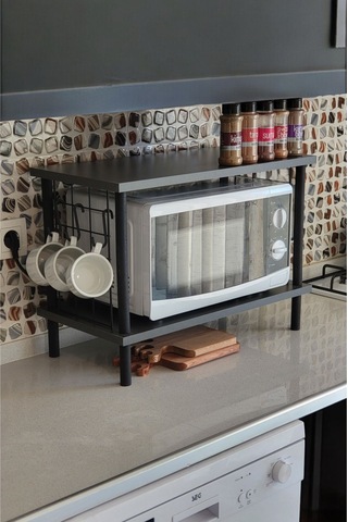 Huzurlu Mutfak Rafı Mikrodalga Rafı Tezgah Üstü Raf Baharatlık 2 Raflı Düzenleyici Kanca Hediyeli Antrasit