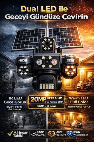 20mp Ultra Hd 4 Lens Tam Kontrol Güneş Enerjili Kamera Sim Kartlı Dual Led 12xzoom Çakar Led Siren