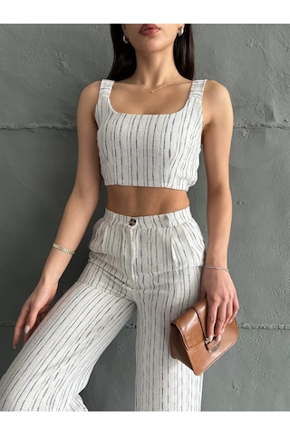 Eke Tekstil Lacivert Çizgili Crop Pantolon Keten Takım-lacivert Lacivert
