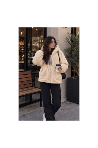 Öners Kadın Kapşonlu Peluş Fermuarlı Sweat Oversize Yumuşak Polar Hoodie Kışlık Sıcak Tutucu Bej Bej