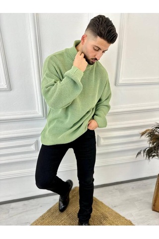 Elku Moda Boğazlı Erkek Kazak Oversize Balıkçı Yaka Geniş Salaş Triko Kazak Yeşil
