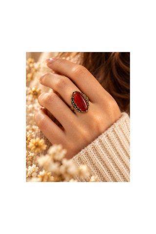 Esoo Jewelry Vintage Tasarım Bordo Doğal Taşlı Ayarlanabilir Kadın Yüzük - Antik Gold Görünümlü