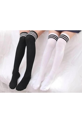 Carnaval Socks 2'li Siyah Ve Beyaz 3'lü Şerit Desenli Diz Üstü Çorap Çok Renkli