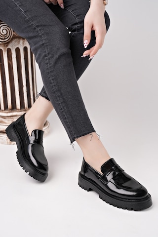 Muggo Paradise Hakiki Deri Kalın Taban Günlük Casual Makosen Kadın Loafer Ayakkabı Siyah Rugan