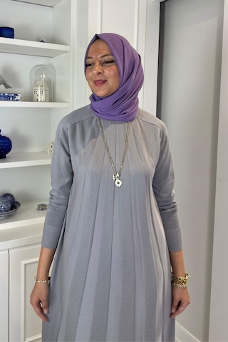 Rabia Şamlı Beyza Fitilli Triko Elbise Gri Normal