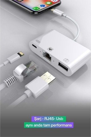 Lightning Otg Dönüştürücü Ethernet Rj45 + Usb Adaptör Apple Uyumlu iPhone Lightning İnternet Dönüştürücü