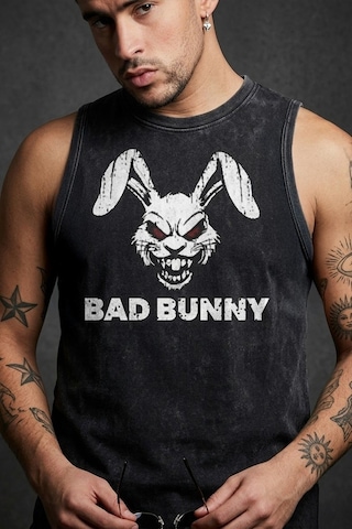Technomonkey Siyah Erkek Pamuklu Antrenman Sporcu Atleti Oversize Yıkamalı Bad Bunny Baskılı Kolsuz T-shirt