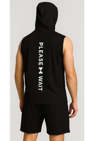 Erkek Lette Kapüşonlu Armalı Esnek Kolsuz Siyah Şortlu Takım Siyah