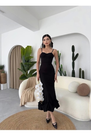 Defymoda Dominic Eteği Büzgülü Midi Boy Elbise Siyah