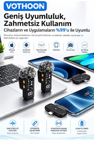 Yüksek Kalite Kablosuz Yaka Mikrofonu Type-c Lightning Uyumlu Profesyonel Anc Özellikli