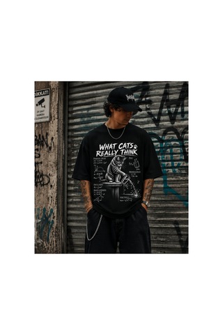 Qmen Style Unisex Siyah Oversize Baskılı T-shirt Uzman Kedi R %100 Pamuk