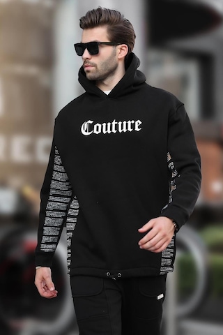 Madmext Siyah Kapüşonlu Baskılı Erkek Sweatshirt 7090 Siyah