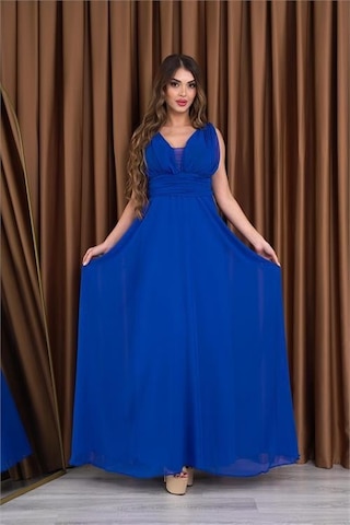 Dip Moda Kadın Saks Mavi V-yaka Şifon Abiye Elbise Dpnb2027 Saks