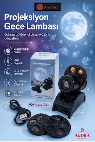 Anycast Yıldızlı Gece Proje Lambası 15 Sahne Hd Led Yıldız Projektör Usb Şarjlı Ay Gezegen Dünya Takımyıldız Projeksiyon Gece Lambası Dekoratif Masa Lambası 15 Film Diskli Salon Yatak Odası Aydınlatma