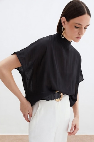 Sateen Desenli Salaş Bluz - Siyah-136689 Siyah