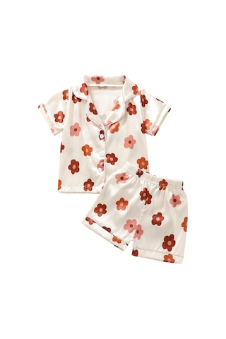 Çocuk Kız Yaz Giysileri Kıyafetler Çiçek Baskı Turn-aşağı Yaka Kısa Kollu Üstler Ve Elastik Bel Şort 2 Adet Takım Elbise Kayısı