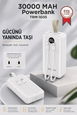 Premium Powerbank Dijital Göstergeli Trm1035 Beyaz Güç Deposu Cihaz Dolumu Yedek Batarya Çok Renkli
