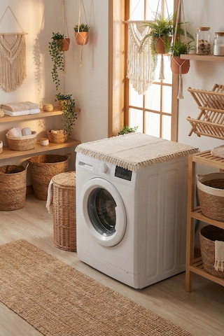 Vintage Püsküllü Çamaşır Makinesi Örtüsü - Çeyizlik Buldan Bezi Dekoratif Banyo Makine Kılıfı Bej
