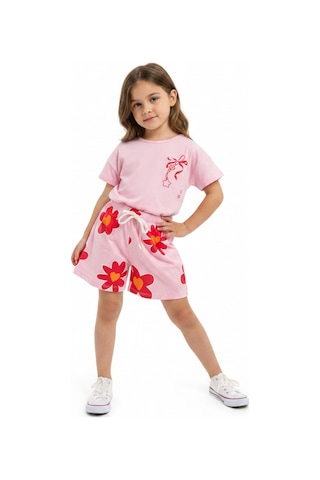 Toontoy Kids Toontoy Kız Çocuk 2'li Şortlu Takım Bisiklet Yaka Kısa Kollu Baskılı Tişört - Beli Lastikli Bağlamalı Baskılı Şort 25035 Pembe