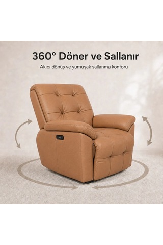 Smarto Relax Zürih Vıp Elektrikli Döner Sallanan Tv Koltuğu Kontrol Panelli Ergonomik Gerçek Deri Baba Koltuğu Açık Kahverengi