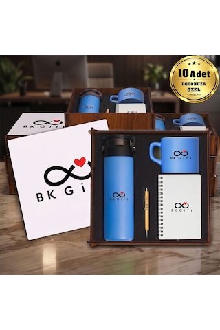 Logonuza Özel 10 Adet Ahşap Kutulu Lila Kurumsal Hediye Seti Cam Suluk, Seramik Fincan, Defter Ve Kalemli Promosyon Seti