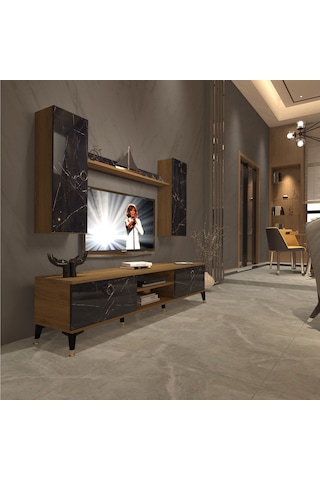 Decoraktiv Eko 7 Mdf Dvd Gold Tv Ünitesi Tv Sehpası Pera - Siyah Mermer