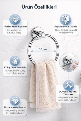 Lexroo Yuvarlak Havlu Halkası Krom Kaplama, Duvara Monte Yuvarlak Banyo Havluluk Çok Renkli