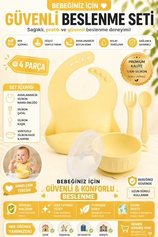 Silikon Beslenme Seti Silikon Vakumlu Kapaklı Mama Kasesi , Silikon Önlük, Çatal Ve Kaşık / Sarı