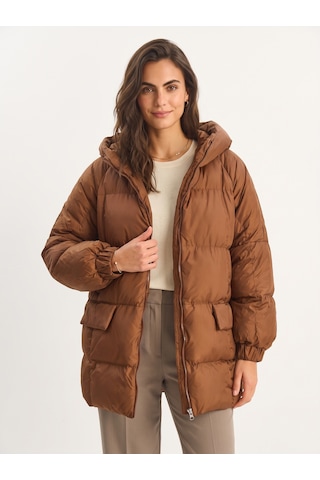 Onloox Kadın Kahverengi Kahverengi Polyester Yarasa Kol Oversize Kapüşonlu Detaylı Fermuarlı Şişme Mont
