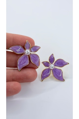 Rhea Jewelry Çiçek Figürlü Renkli Çelik Küpe 3,5 Cm İnci Detaylı Kadın Küpe Lila